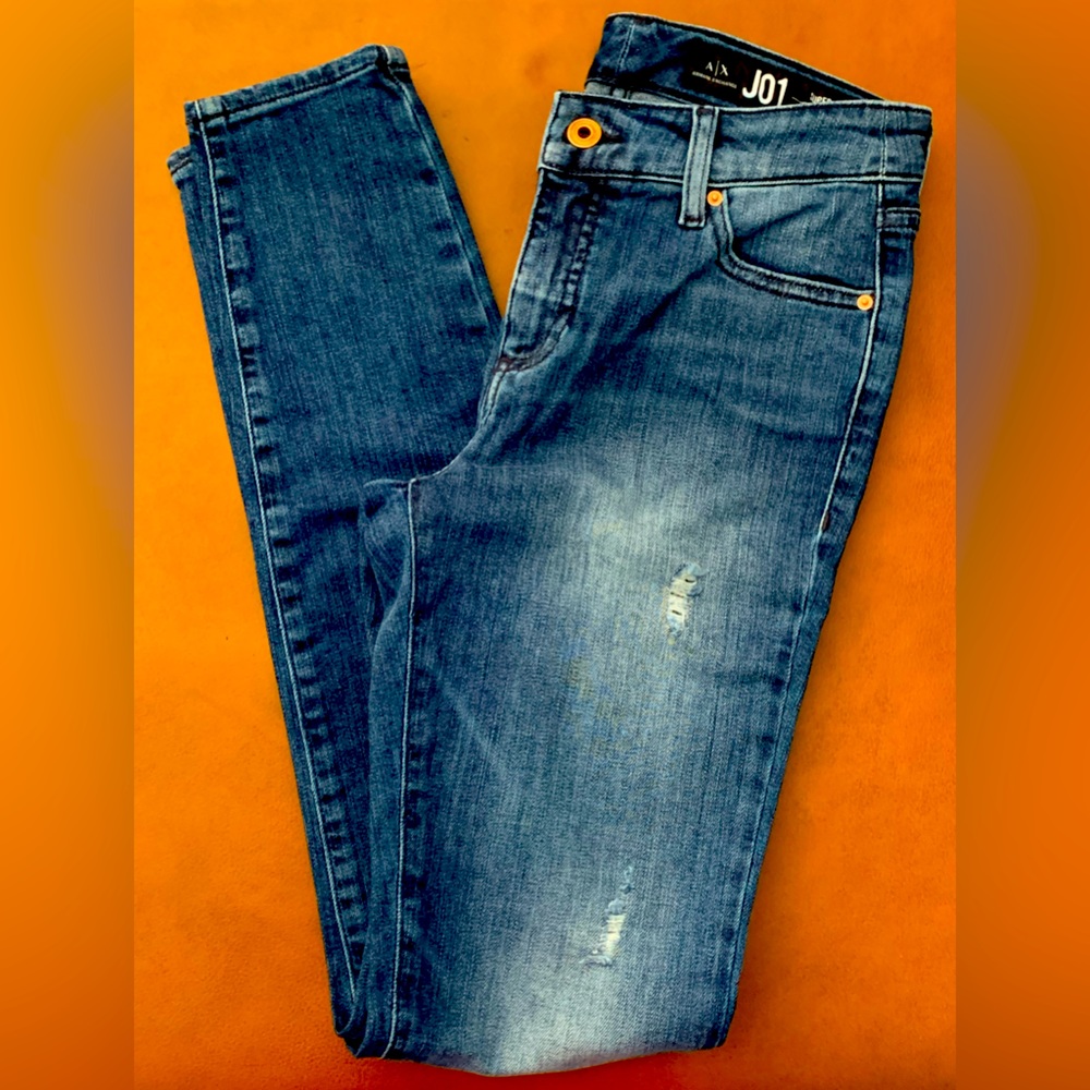 ARMANI Exchange J01 Super Skinny, Size 26 x 30” Inseam. Worn Once, Copper Hdwre